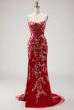 Sparkly Red Floral Mermaid Long Strapless Prom Dress with Beading