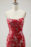 Sparkly Red Floral Mermaid Long Strapless Prom Dress with Beading