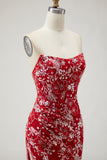 Sparkly Red Floral Mermaid Long Strapless Prom Dress with Beading