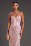 Blush Mermaid Corset Long Wedding Guest Dress