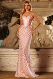 Sparkly Blush Sweetheart Mermaid Maxi Corset Prom Dress with Sequins