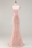 Sparkly Blush Sweetheart Mermaid Maxi Corset Prom Dress with Sequins