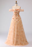 Floral Champagne A Line Off the Shoulder Long Prom Dress with 3D Flowers