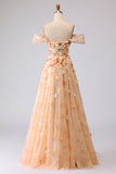 Floral Champagne A Line Off the Shoulder Long Prom Dress with 3D Flowers