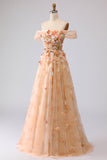 Floral Champagne A Line Off the Shoulder Long Prom Dress with 3D Flowers