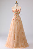 Floral Champagne A Line Off the Shoulder Long Prom Dress with 3D Flowers
