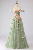 Floral Champagne A Line Off the Shoulder Long Prom Dress with 3D Flowers