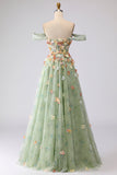 Floral Champagne A Line Off the Shoulder Long Prom Dress with 3D Flowers