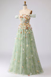 Floral Green A Line Off the Shoulder Long Prom Dress with 3D Flowers