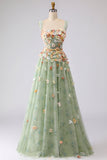 Floral Green A Line Off the Shoulder Long Prom Dress with 3D Flowers