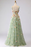 Floral Green A Line Off the Shoulder Long Prom Dress with 3D Flowers