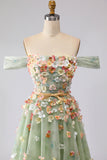 Floral Champagne A Line Off the Shoulder Long Prom Dress with 3D Flowers