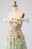 Floral Champagne A Line Off the Shoulder Long Prom Dress with 3D Flowers