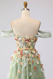 Floral Green A Line Off the Shoulder Long Prom Dress with 3D Flowers