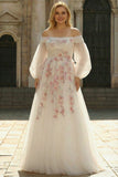 Floral Sparkly White A Line Long Sleeves Tulle Prom Dress with Sequins