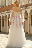 Sparkly Floral White Long A Line Sleeves Tulle Prom Dress with Sequins