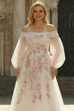 Sparkly Floral White Long A Line Sleeves Tulle Prom Dress with Sequins