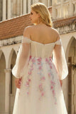 Sparkly Floral White Long A Line Sleeves Tulle Prom Dress with Sequins