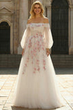 Sparkly Floral White Long A Line Sleeves Tulle Prom Dress with Sequins
