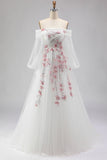 Floral Sparkly White A Line Long Sleeves Tulle Prom Dress with Sequins