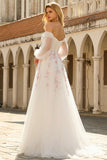 Sparkly Floral White Long A Line Sleeves Tulle Prom Dress with Sequins