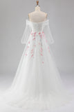 Floral Sparkly White A Line Long Sleeves Tulle Prom Dress with Sequins