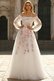 Sparkly Floral White Long A Line Sleeves Tulle Prom Dress with Sequins
