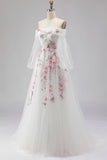 Floral Sparkly White A Line Long Sleeves Tulle Prom Dress with Sequins