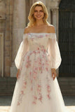 Sparkly Floral White Long A Line Sleeves Tulle Prom Dress with Sequins