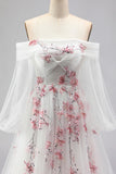 Floral Sparkly White A Line Long Sleeves Tulle Prom Dress with Sequins