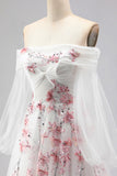 Floral Sparkly White A Line Long Sleeves Tulle Prom Dress with Sequins