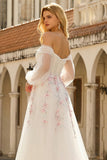 Sparkly Floral White Long A Line Sleeves Tulle Prom Dress with Sequins
