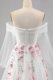 Floral Sparkly White A Line Long Sleeves Tulle Prom Dress with Sequins