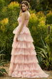 Floral Blush Tiered A Line Tulle Ruffled Maxi Corset Prom Dress with Slit