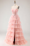 Floral Blush Tiered A Line Tulle Long Corset Prom Dress with Slit