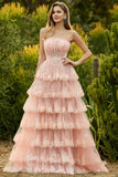 Floral Blush Tiered A Line Tulle Ruffled Maxi Corset Prom Dress with Slit