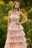 Floral Blush Tiered A Line Tulle Ruffled Maxi Corset Prom Dress with Slit