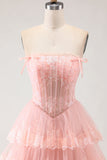 Floral Blush Tiered A Line Tulle Long Corset Prom Dress with Slit