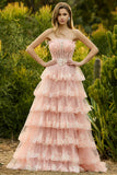 Floral Blush Tiered A Line Tulle Ruffled Maxi Corset Prom Dress with Slit