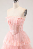 Floral Blush Tiered A Line Tulle Long Corset Prom Dress with Slit