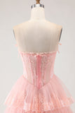 Floral Blush Tiered A Line Tulle Long Corset Prom Dress with Slit