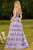 Floral Blush Tiered A Line Tulle Ruffled Maxi Corset Prom Dress with Slit