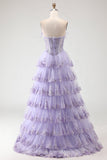 Floral Lilac Tiered Ruffled Tulle Long Corset Prom Dress with Slit