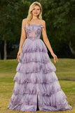 Floral Blush Tiered A Line Tulle Ruffled Maxi Corset Prom Dress with Slit
