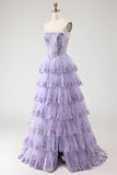 Floral Lilac Tiered Ruffled Tulle Long Corset Prom Dress with Slit