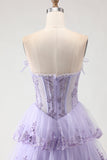 Floral Lilac Tiered Ruffled Tulle Long Corset Prom Dress with Slit