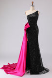 Sparkly Black Sequin Mermaid One Shoulder Long Prom Dress with Side Cape