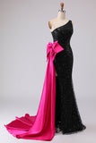 Sparkly Black Sequin Mermaid One Shoulder Long Prom Dress with Side Cape