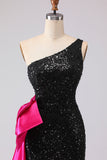 Sparkly Black Sequin Mermaid One Shoulder Long Prom Dress with Side Cape