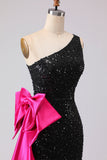 Sparkly Black Sequin Mermaid One Shoulder Long Prom Dress with Side Cape